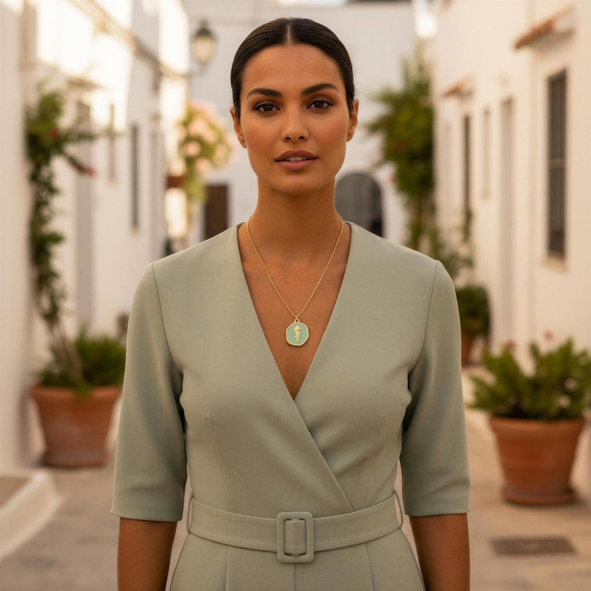 Woman in a light green dress standing in an outdoor setting with plants and buildings wearing the Azure Seahorse Necklace.