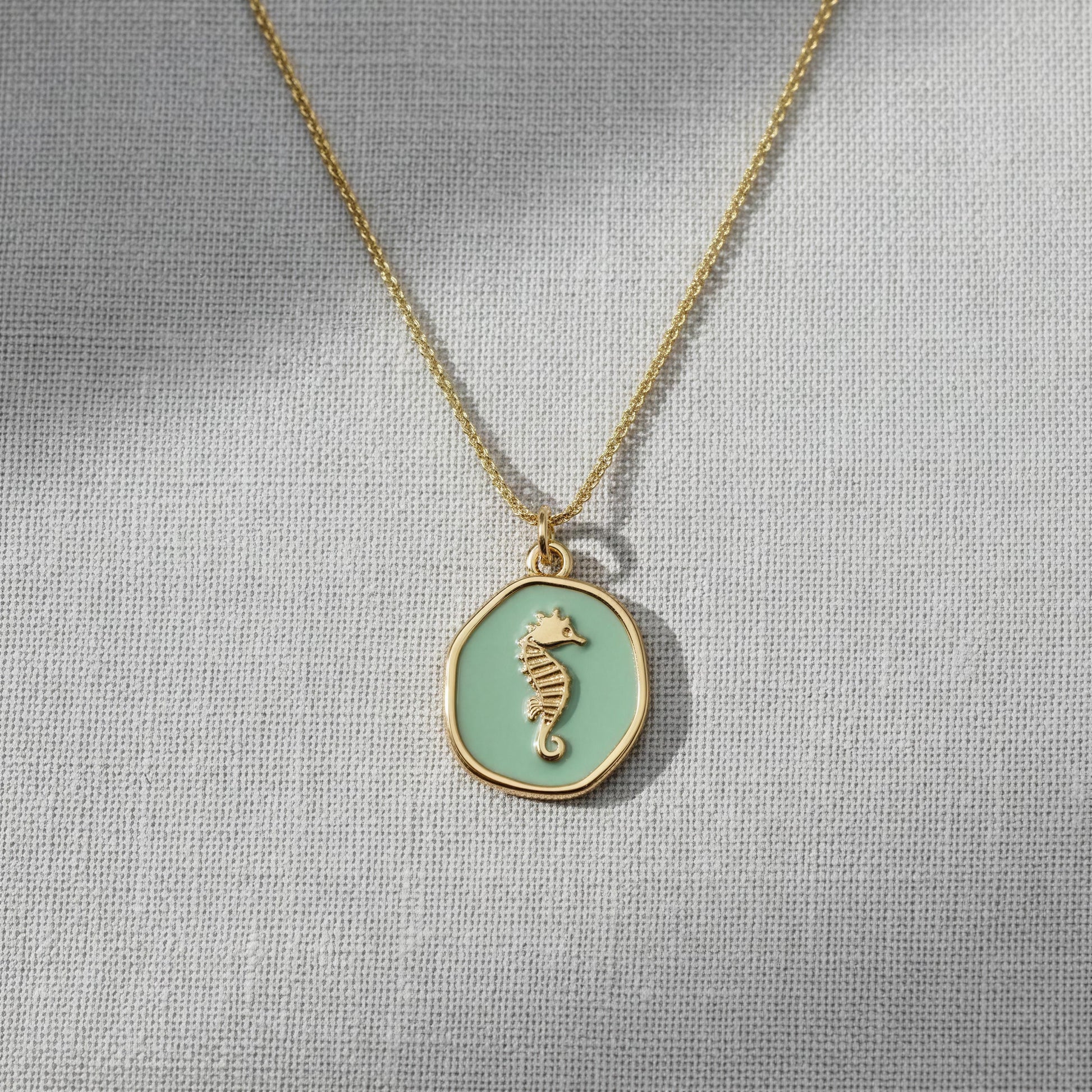 Necklace with a seahorse pendant on a light gray background