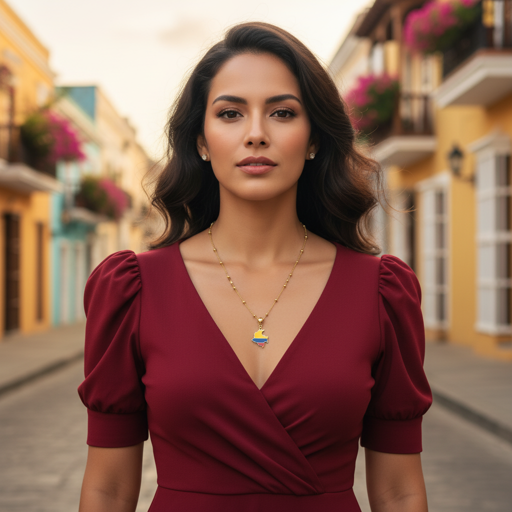 Woman in a red dress standing on a street with colorful buildings in the background wearing the Bacatá Necklace.