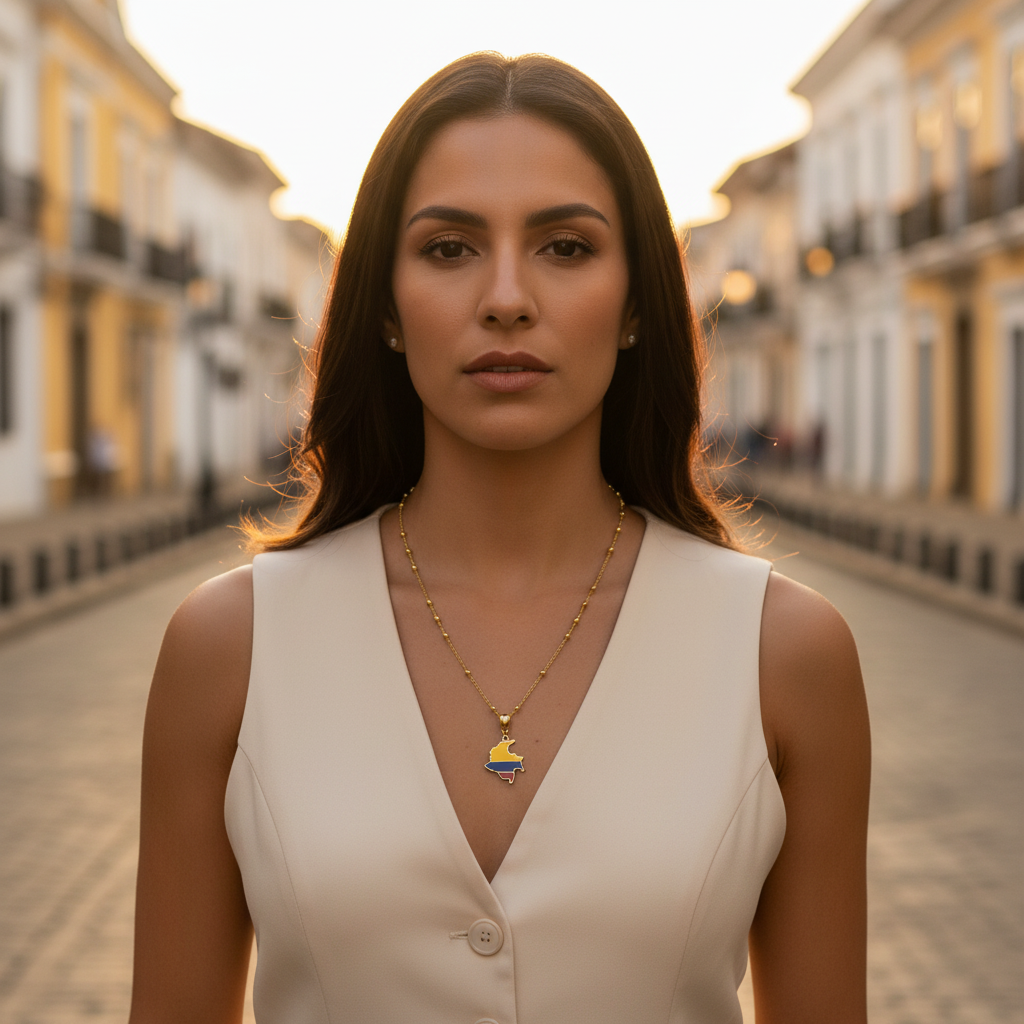 Woman wearing the Bacata Necklace with the Colombian map pendant on a street background