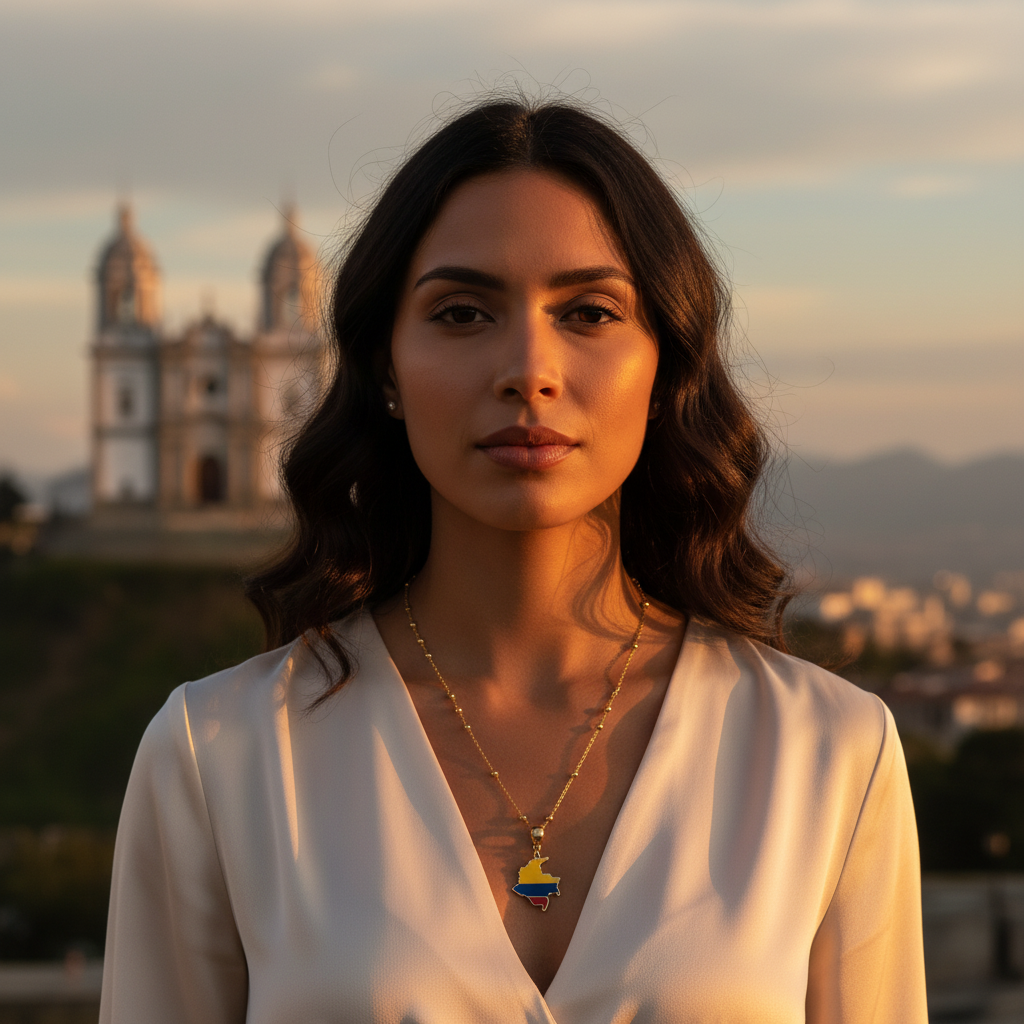 Woman wearing the Bacatá Necklace with the Colombian map  pendant against a scenic background