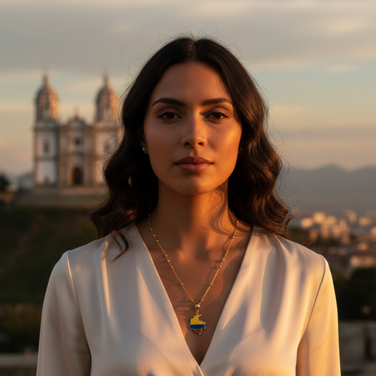 Woman wearing the Bacatá Necklace with the Colombian map  pendant against a scenic background