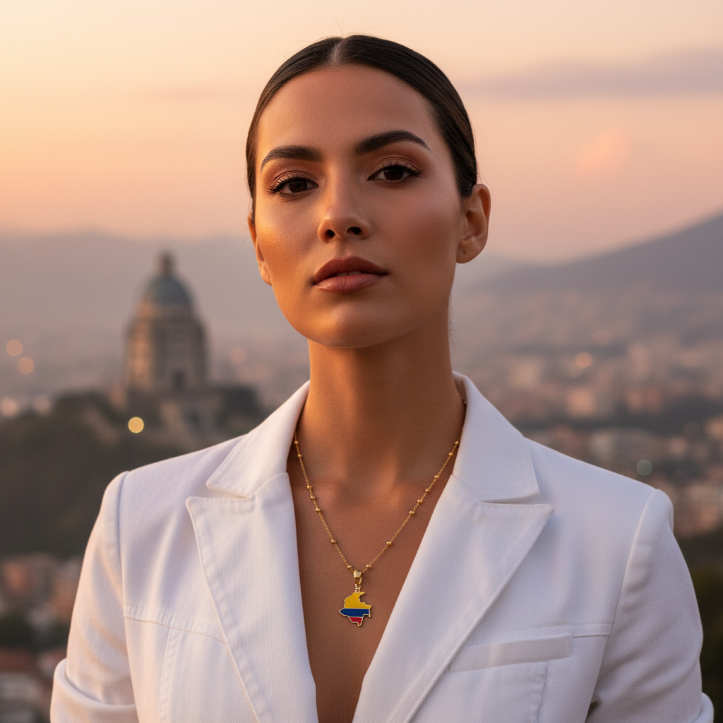 Woman in a white blazer with a cityscape in the background wearing the Bacatá Necklace.