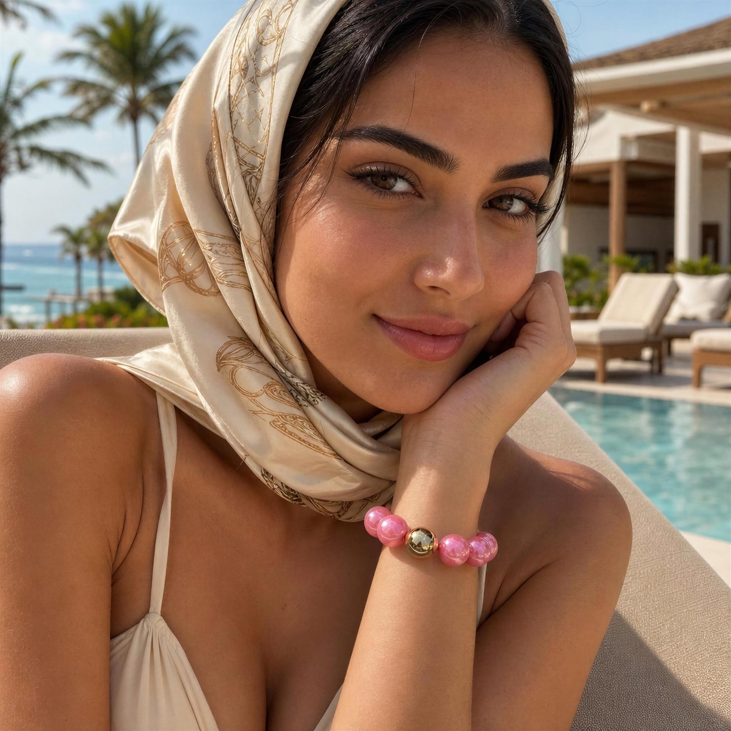 Woman with a headscarf and pink bracelet from Chica Chica Jewelry by a poolside with palm trees in the background