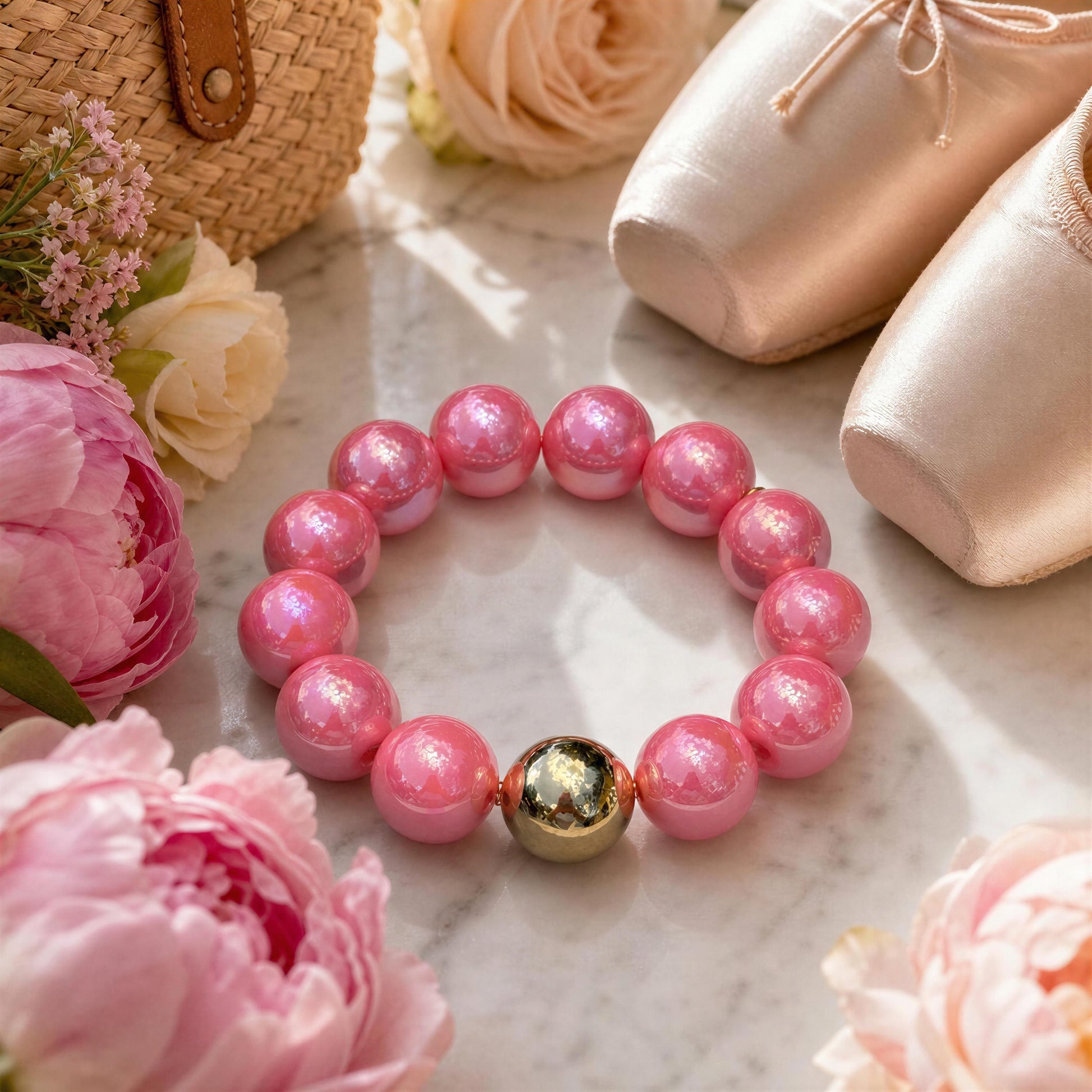 The Ballet Glow Bracelet from Chica Chica Jewelry on a marble surface with flowers and ballet shoes.