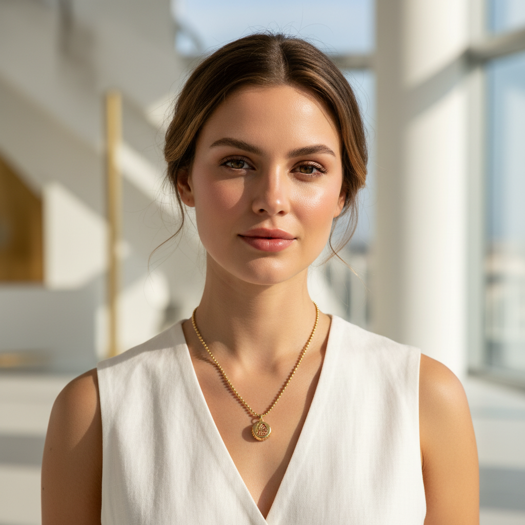 Woman wearing the gold Be Free Bottle Cap Necklace in a bright indoor setting