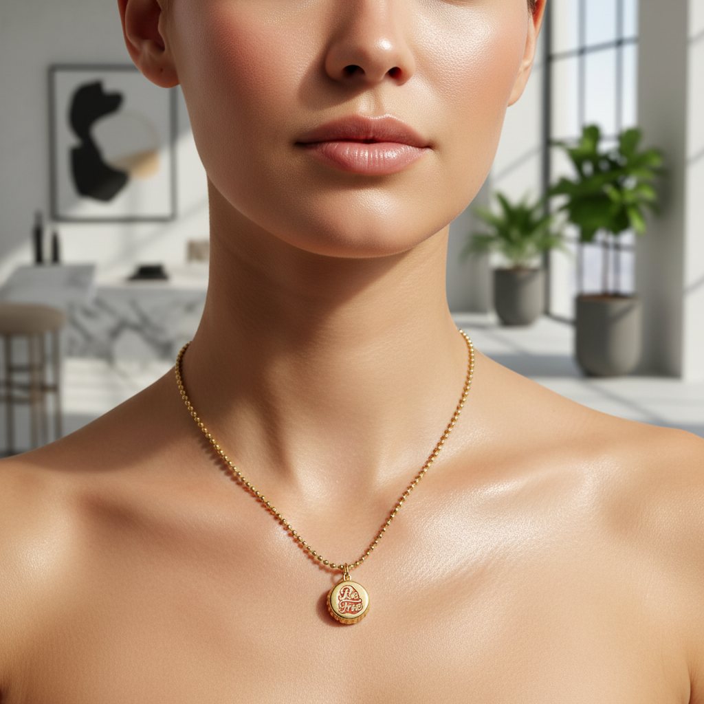 Close-up of a person wearing a gold necklace with a pendant in a bright room.