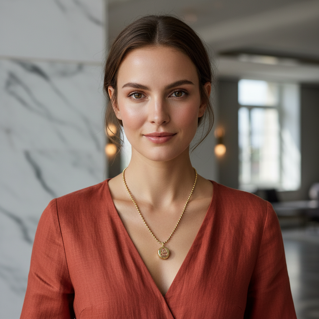 Woman wearing the Be Free Bottle Cap Necklace in an indoor setting