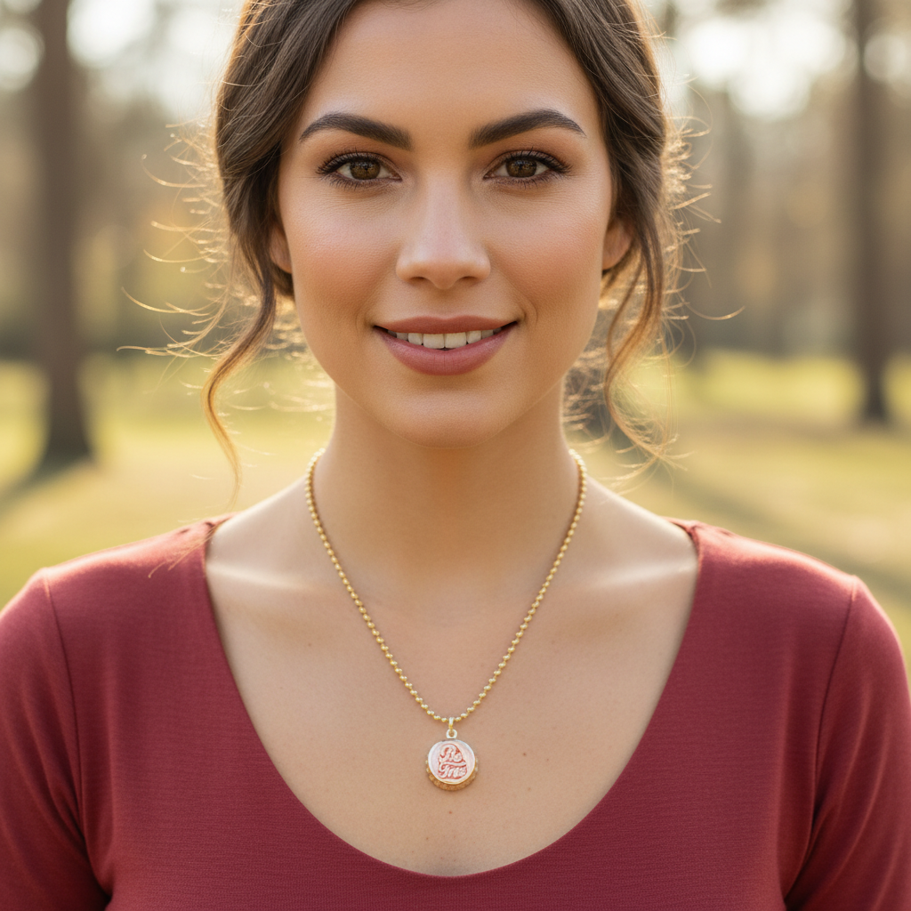Woman wearing a gold  Chica Chica Jewelry necklace with a Be Free bottle cap charm