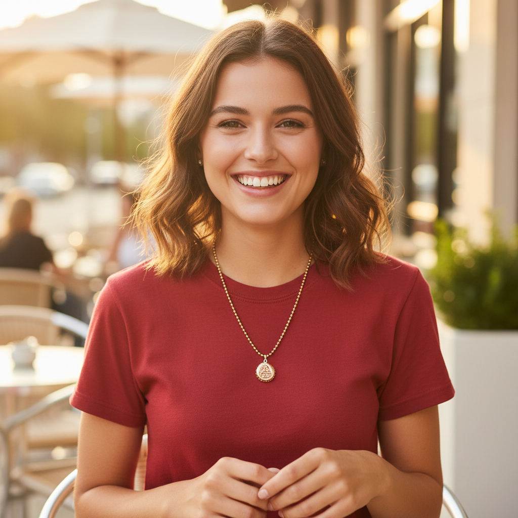 Woman in a red shirt smiling outdoors with Chica_Chica_Jewelry necklace