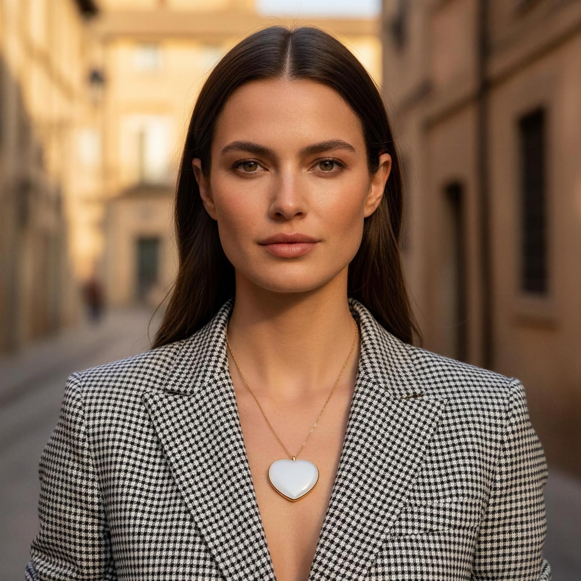 Woman wearing a checkered blazer with a blurred street background wearing the  Bianca Heart Necklace