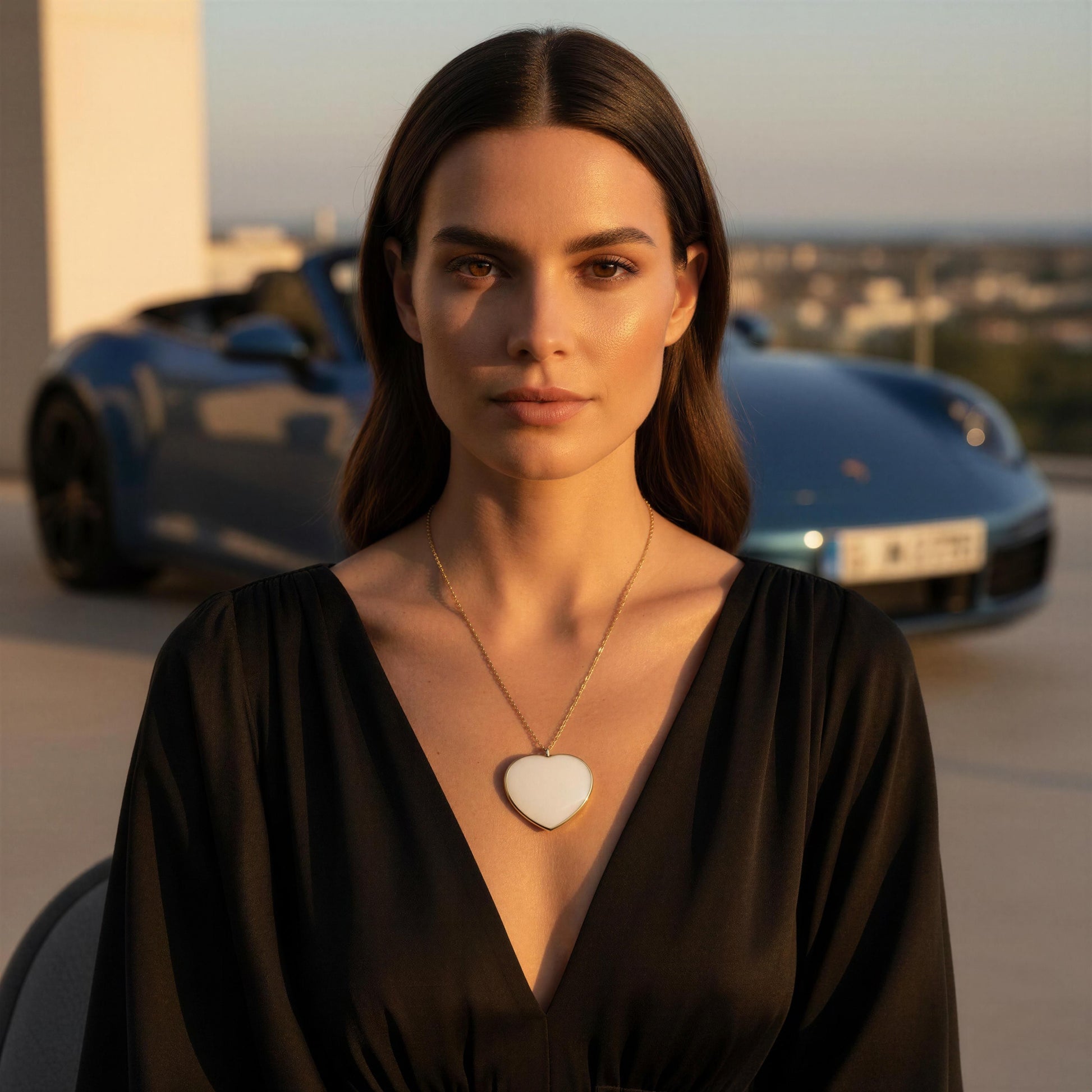Woman wearing a black dress with the Bianca Heart Necklace from Chica Chica Jewelry in front of a blue sports car.