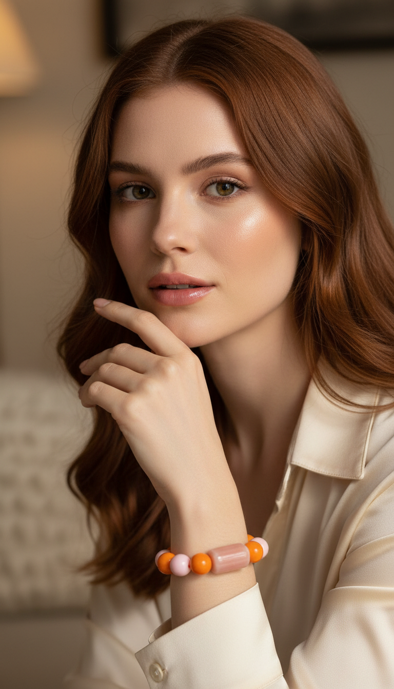 Woman wearing the Blush & Citrus Color Pop  bracelet with a blurred background