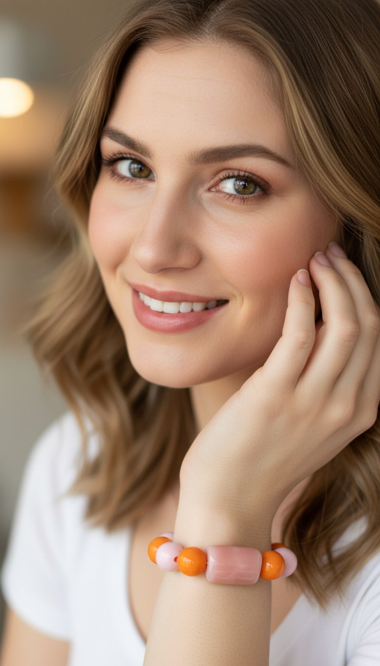 Woman wearing a pink and orange beaded bracelet, smiling.  Blush & Citrus Color Pop Bracelet from Chica Chica Jewelry. 