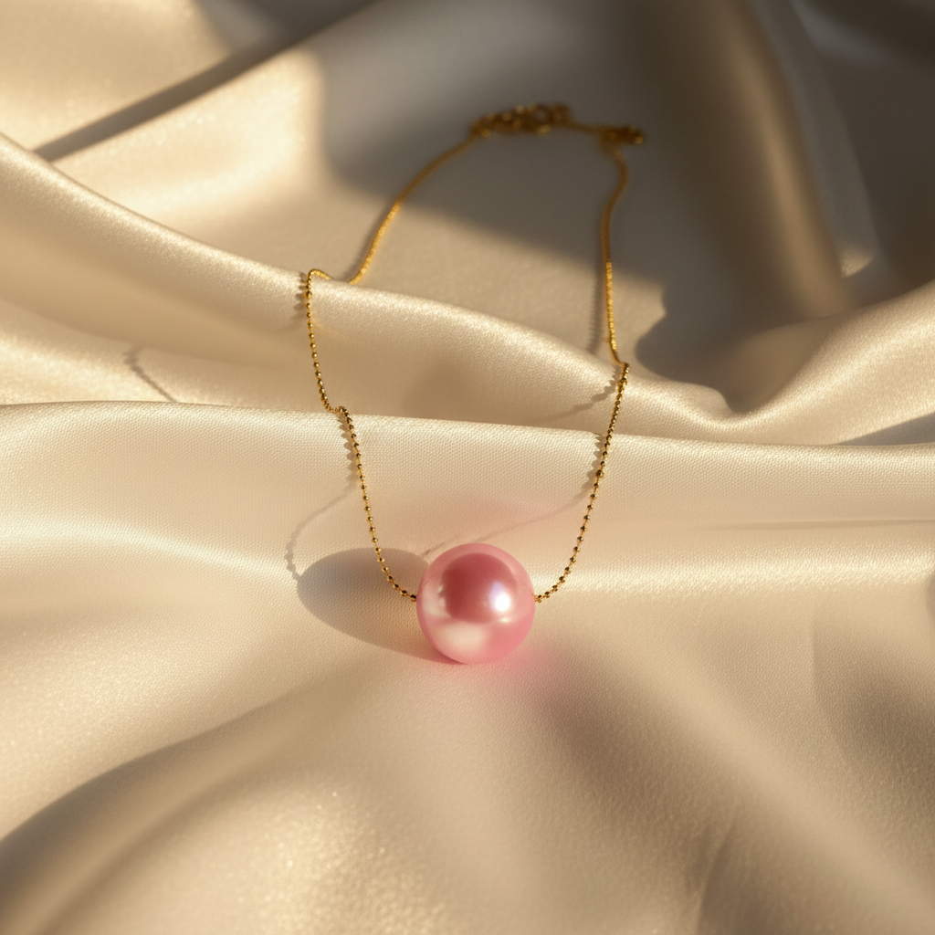 Gold necklace with a pink pearl pendant on a beige fabric background