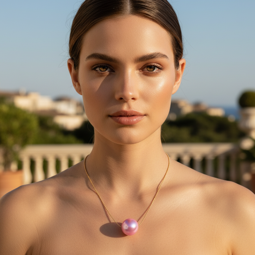 Woman wearing the Blush Petite Sphere Necklace with a pink pendant outdoors
