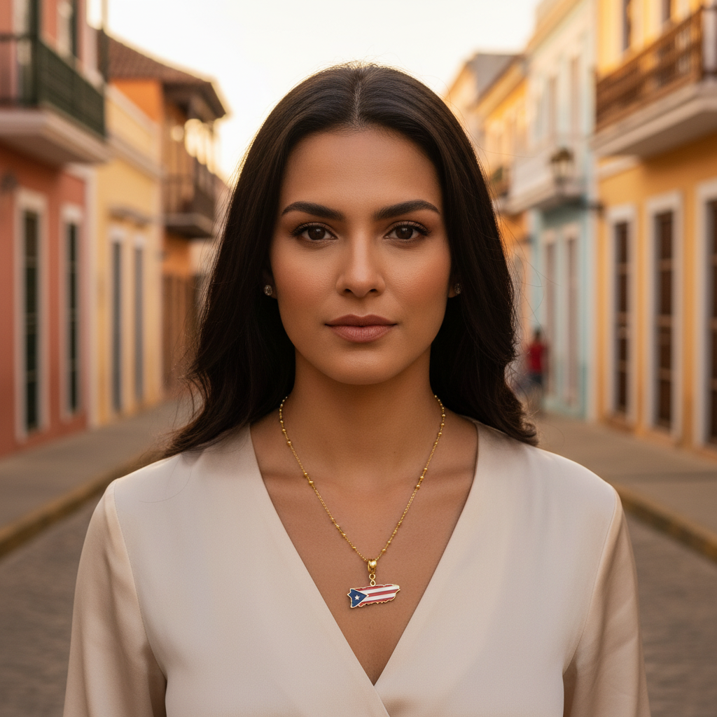 Woman wearing the Borinquen Flag Necklace on Viejo San Juan  street background