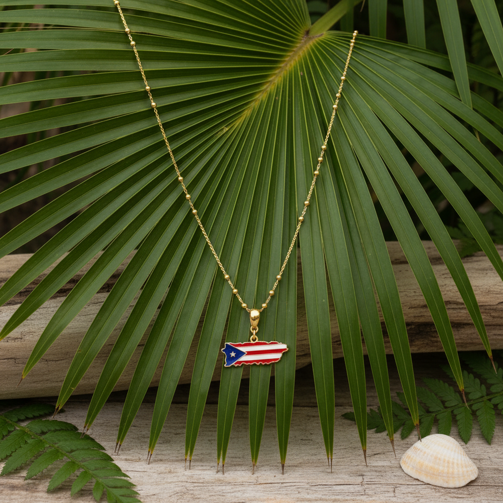 Necklace with a Puerto Rican flag pendant on a green leaf background from Chica Chica Jewelry