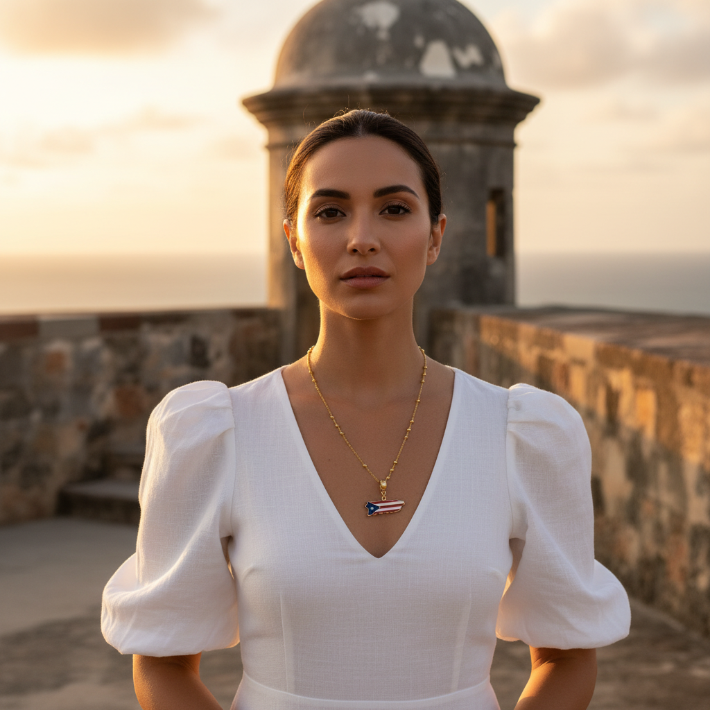 Borinquen Flag Necklace featuring the Puerto Rico flag worn at El Morro fortress in Old San Juan.
