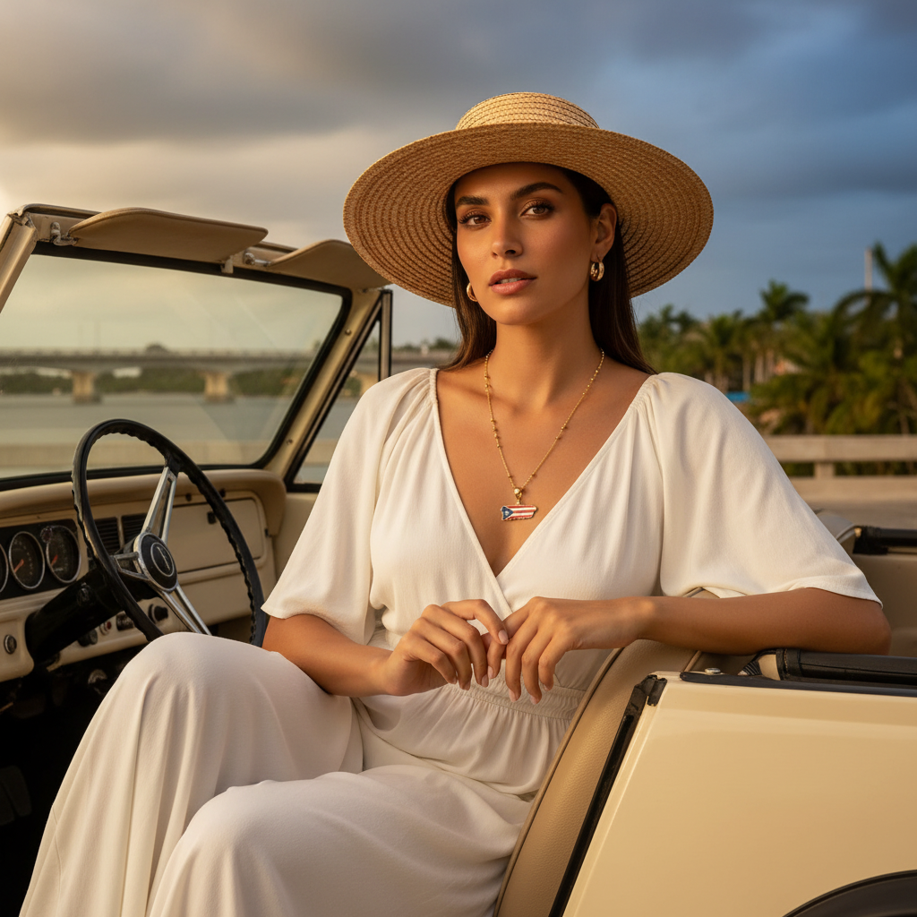 Woman in a white dress and straw hat sitting in an open-top vehicle with a scenic background wearing the Borinquen Flag Necklace.
