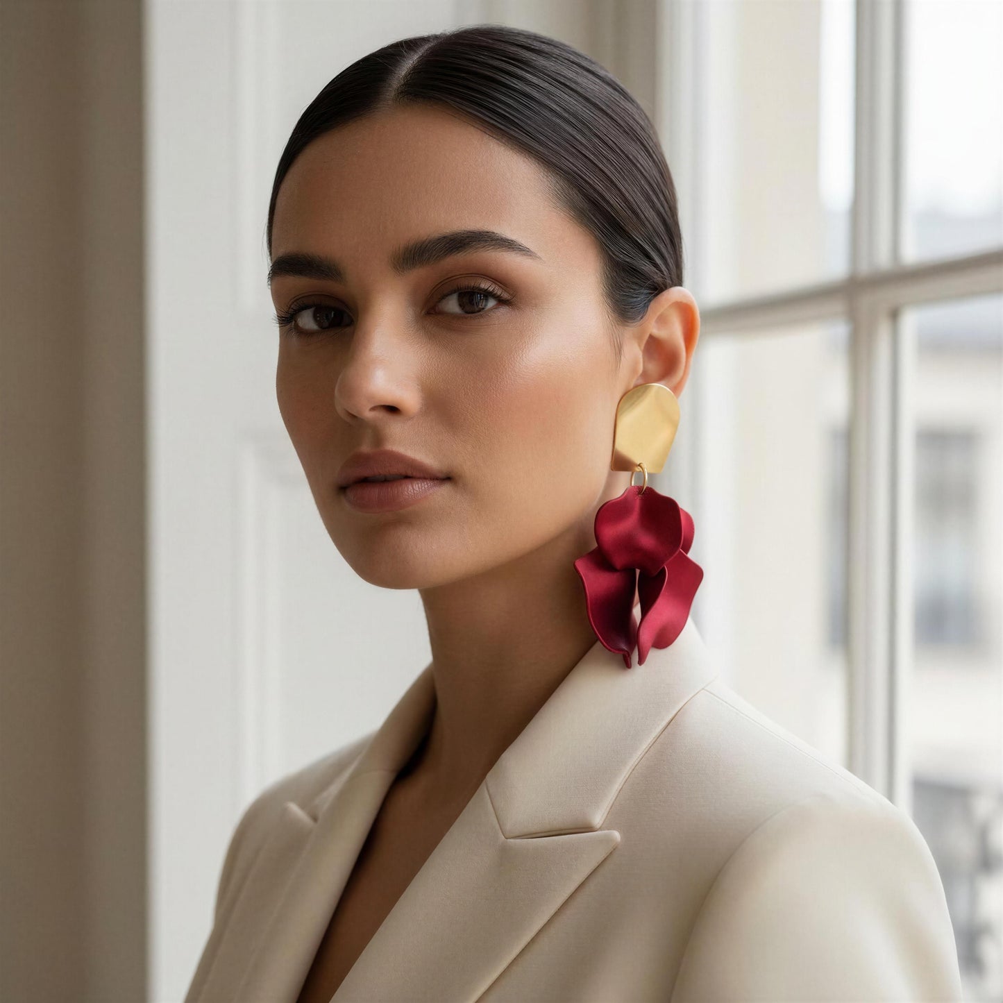 Woman wearing gold and red earrings in a blurred indoor setting