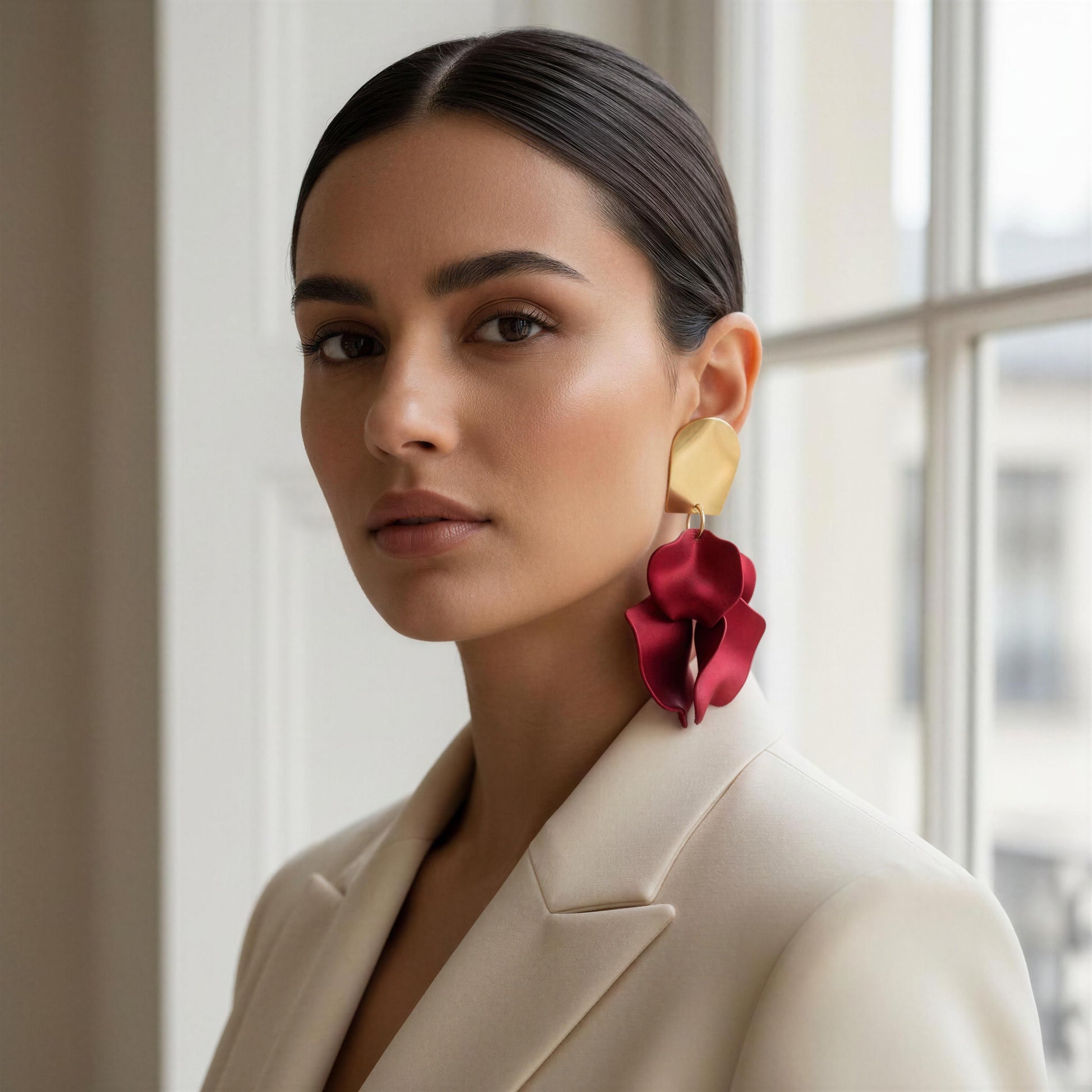 Woman wearing gold and red earrings in a blurred indoor setting