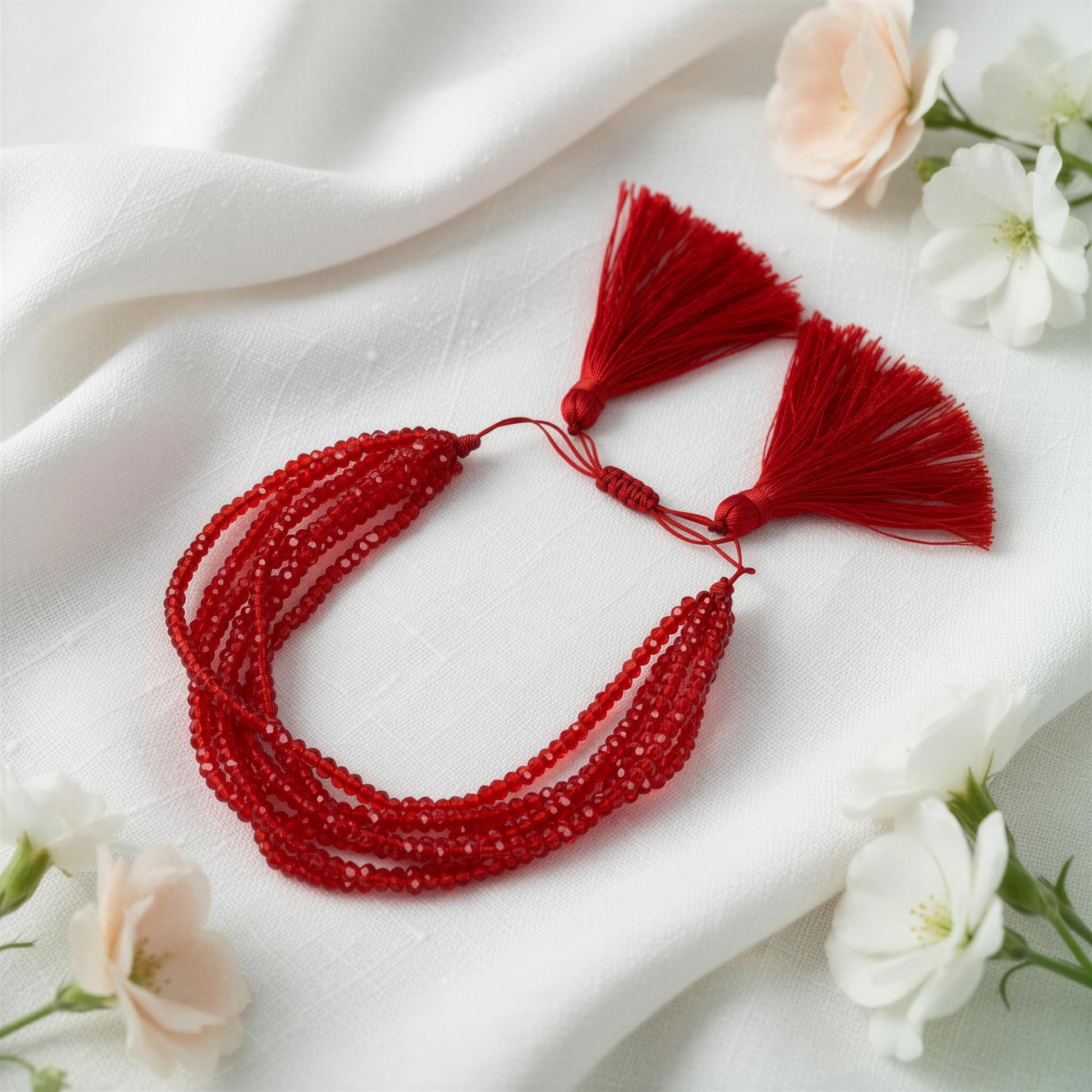 Red beaded bracelet with tassels on a white fabric background with flowers