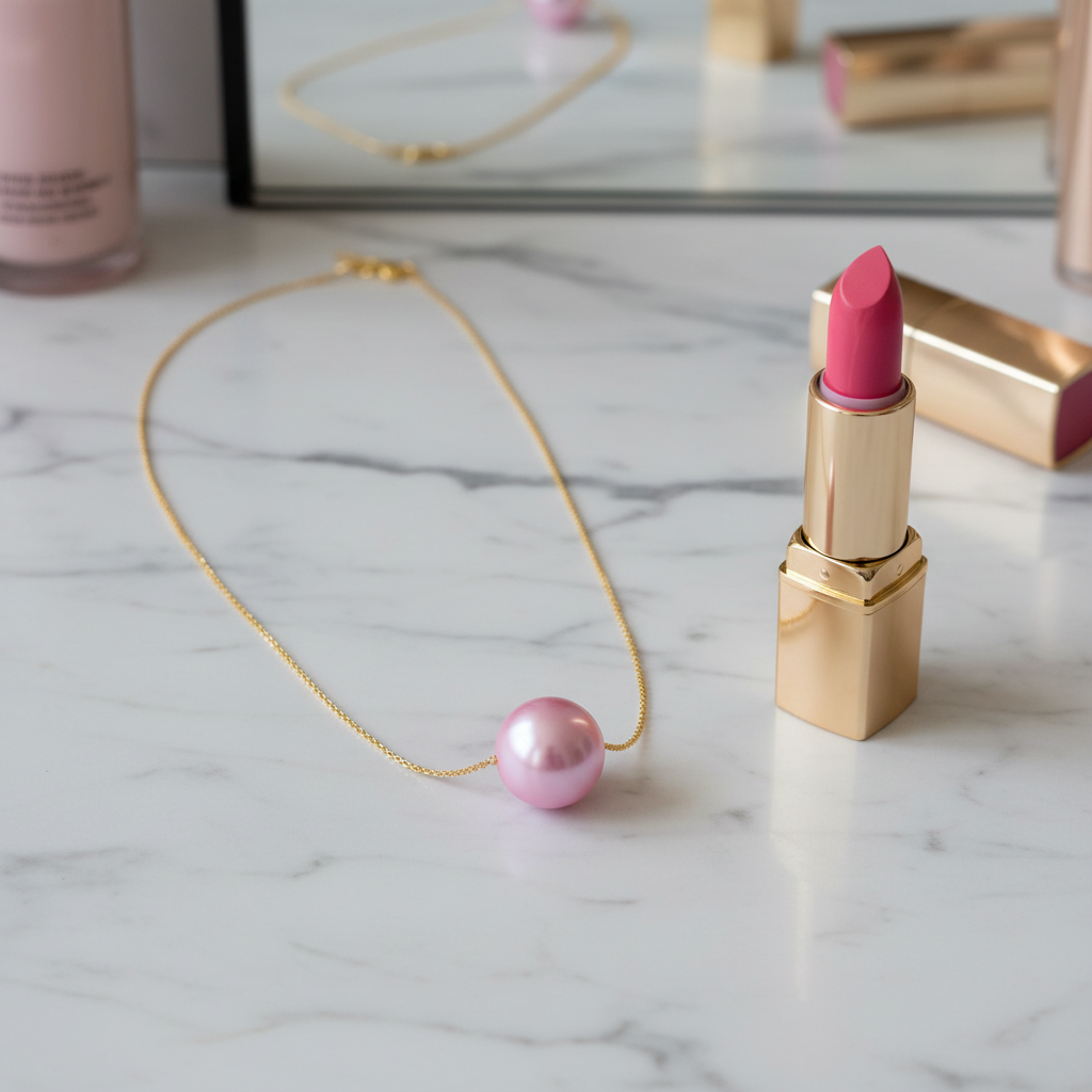 Pink lipstick and the Blush Petite Sphere Necklace from Chica Chica Jewelry on a marble surface