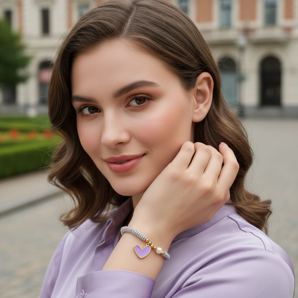 Model on outdoors wearing the Endless Promise Lavender Heart Bracelet from Chica Chica Jewelry