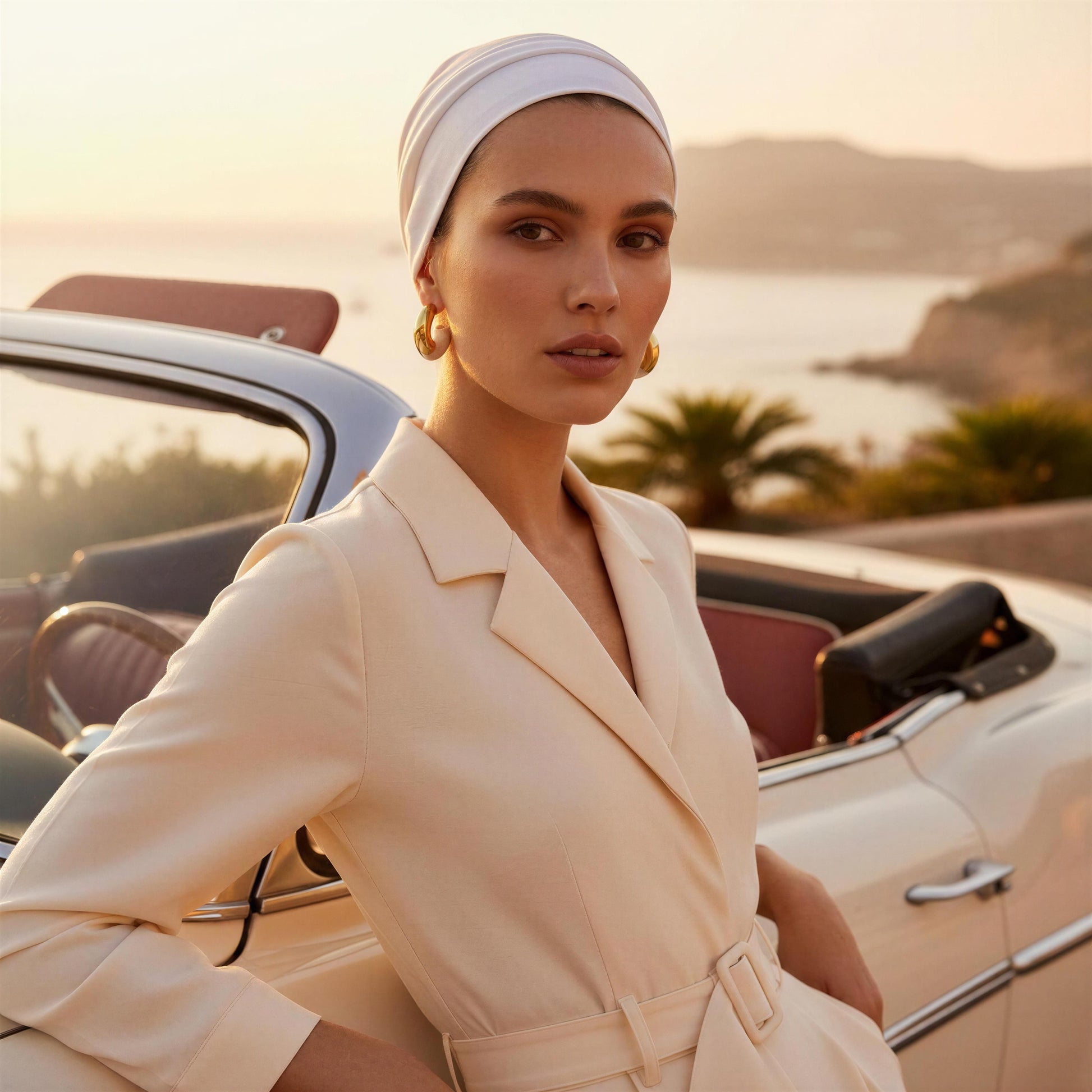 Woman in a beige outfit standing next to a vintage car with a scenic background