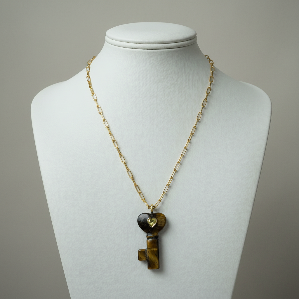 La Vita Key — Tigre Necklace with a heart-shaped pendant on a mannequin bust against a neutral background