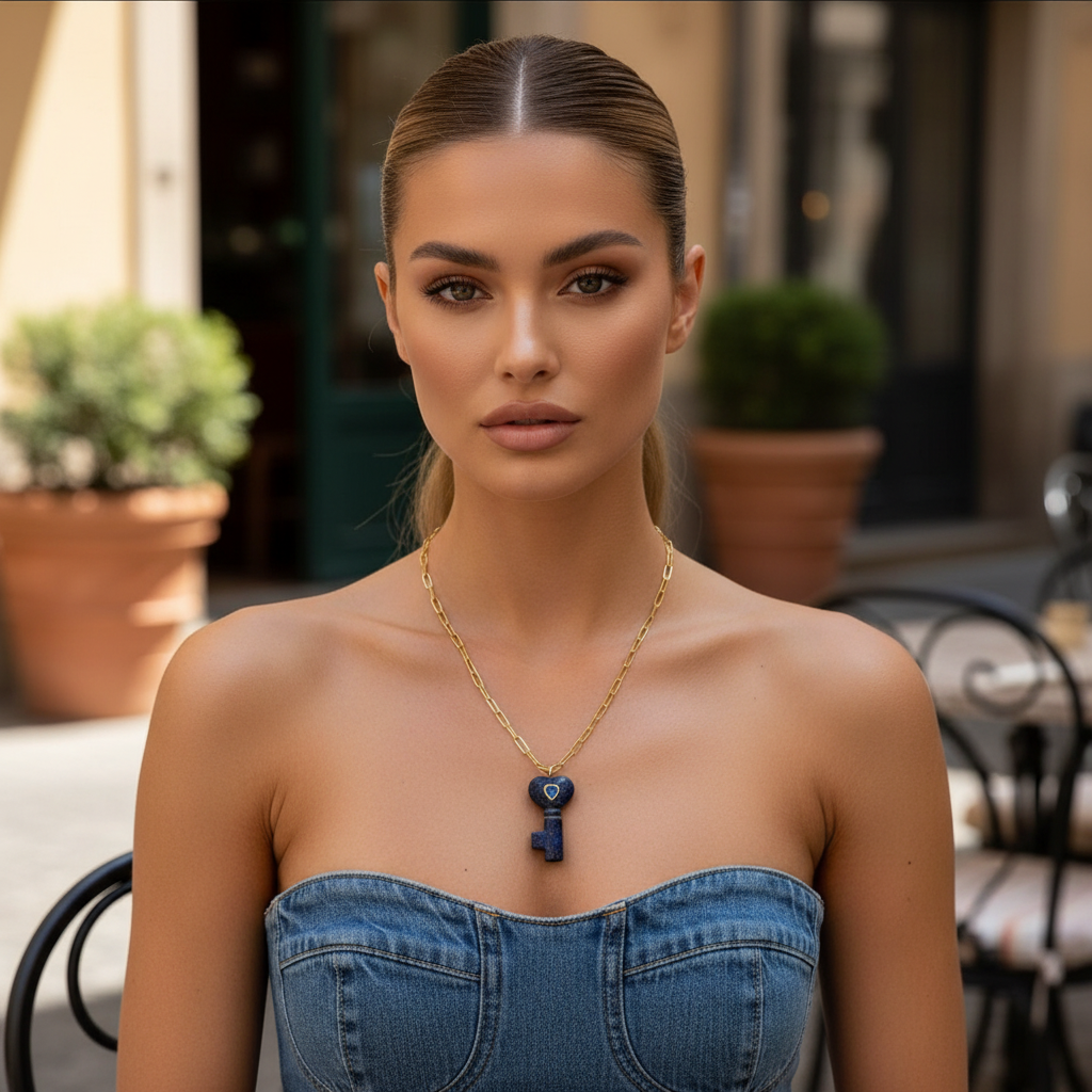 Woman wearing a blue strapless top and La Vita Key — Lapis Lazuli from Chica Chica Jewelry outdoors.