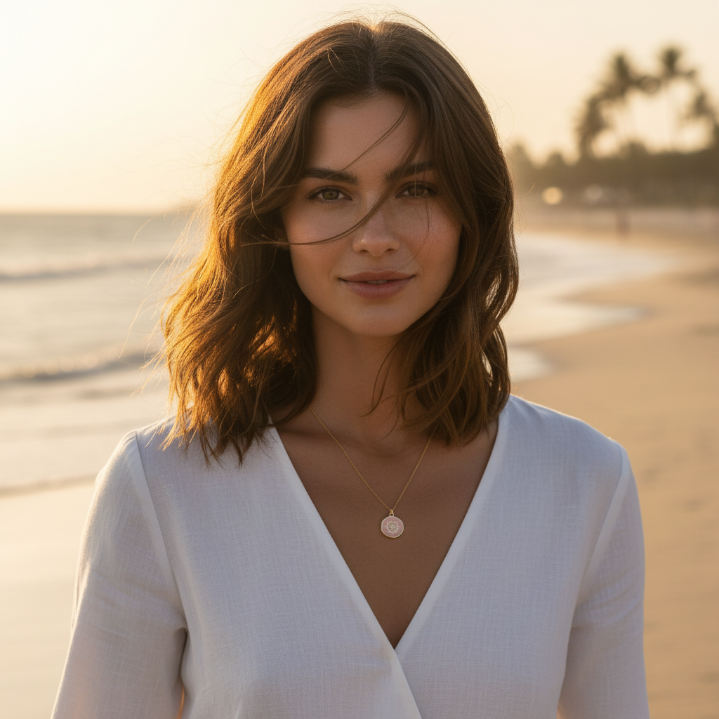 Woman in a white top standing on a beach with a warm glow wearing the Oceana Soleil Medallion Necklace