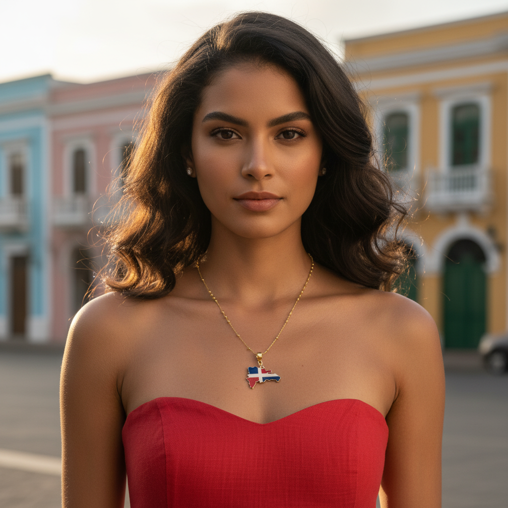 Woman wearing a red dress and the Quisqueya Necklace with the Dominican Republic  flag pendant in an urban setting