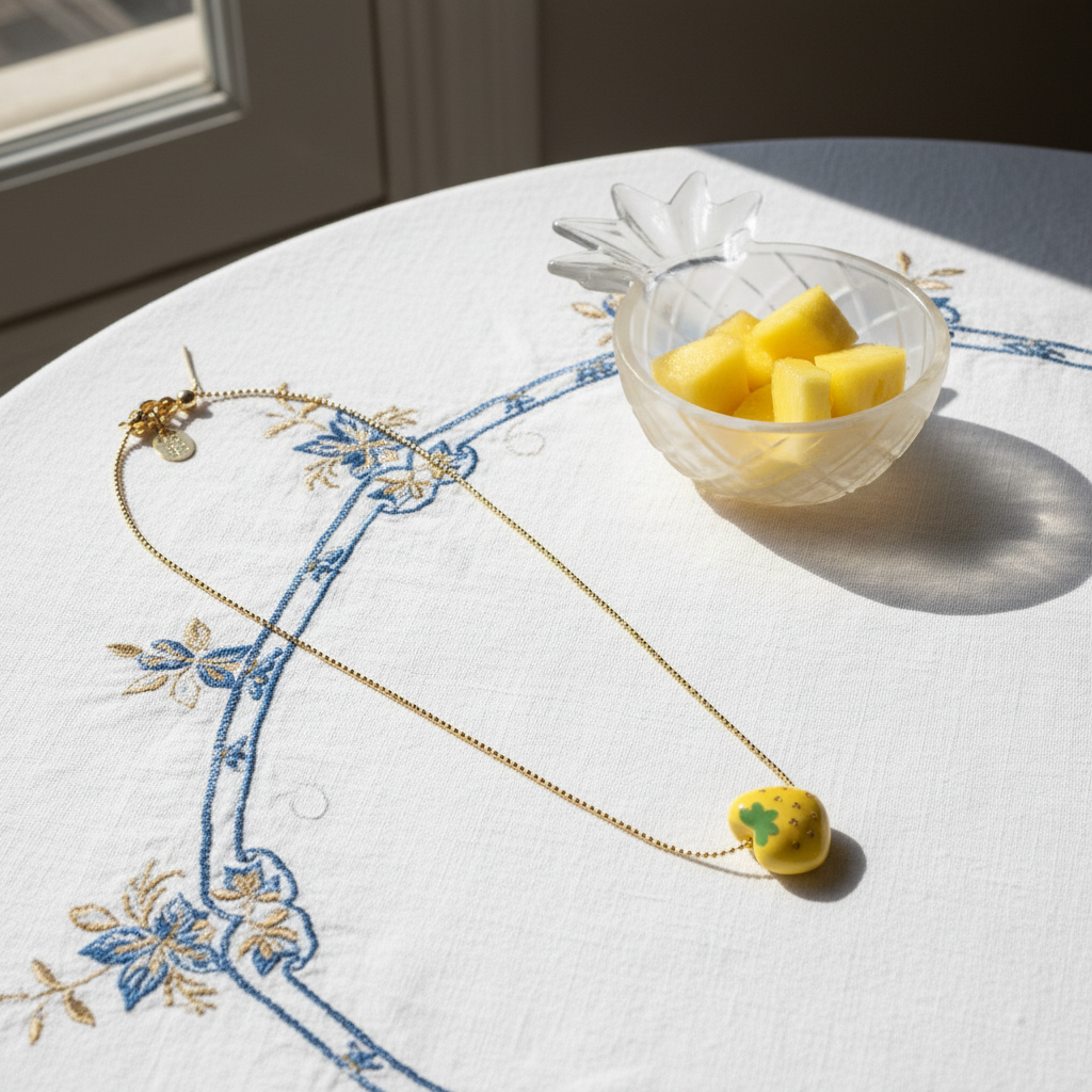 Tutti Frutti Pineapple Necklace styled with fresh pineapple pieces on embroidered linen tablecloth
