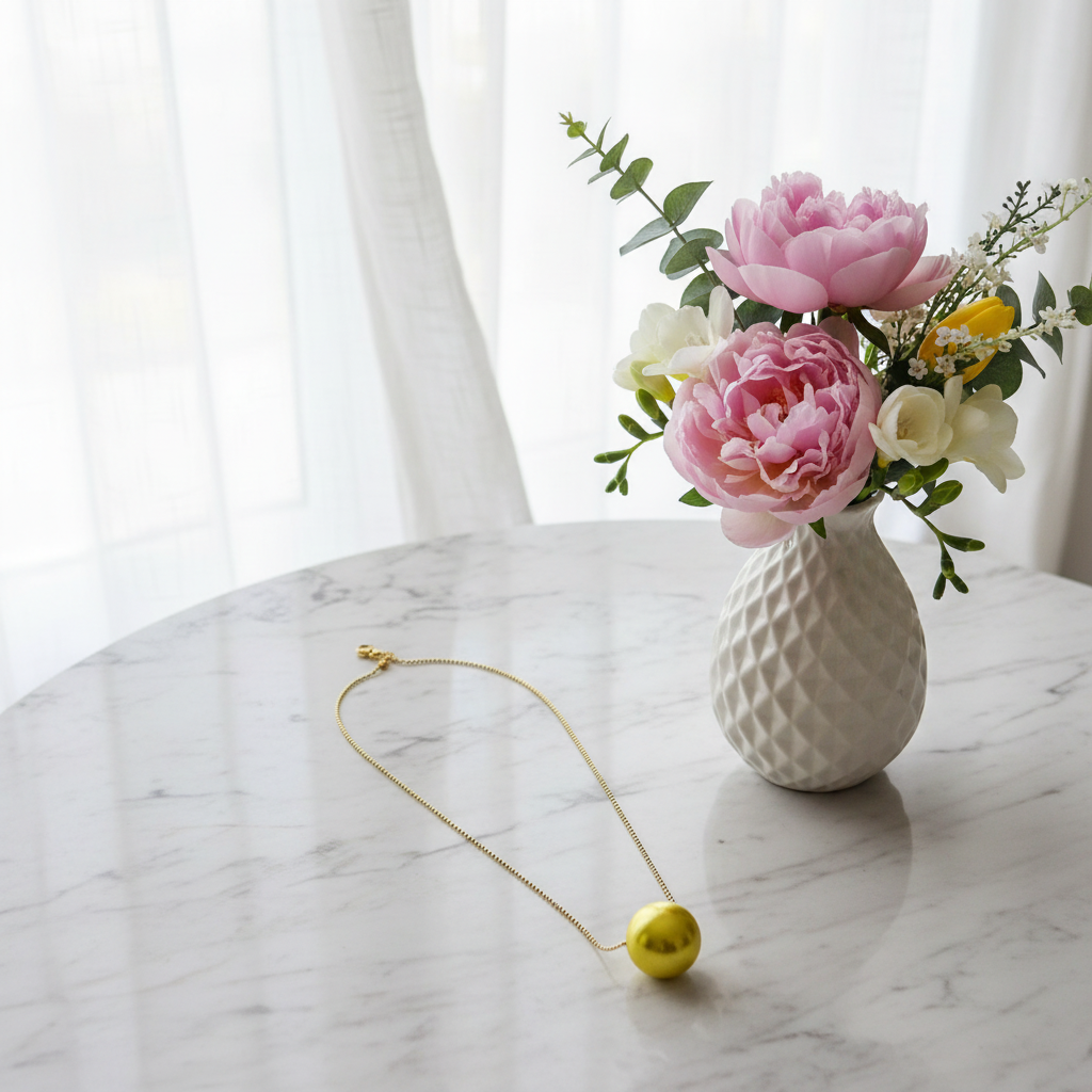 Vase with pink flowers and a gold necklace on a marble surface