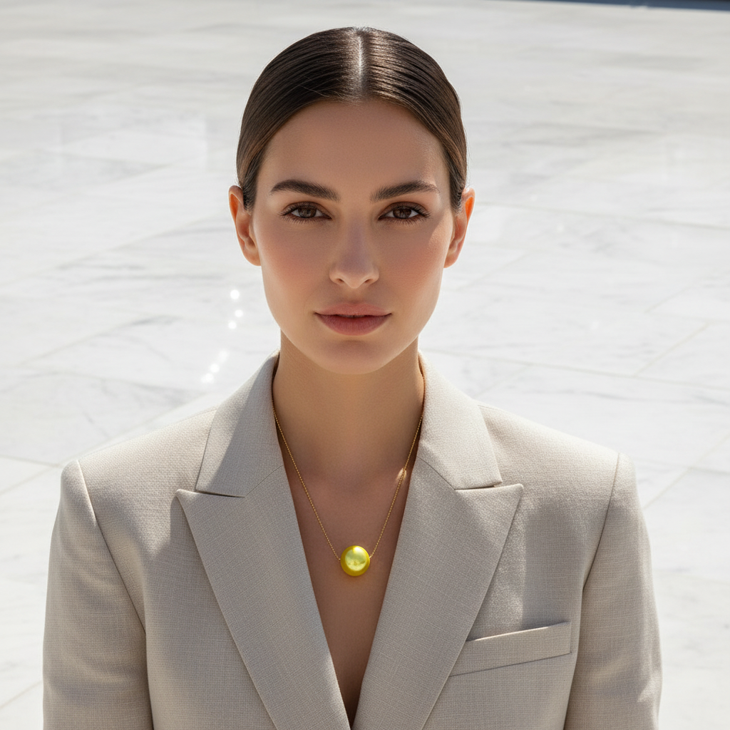 Woman wearing a light gray blazer with the Canary Yellow Petite Sphere Necklace against a white background
