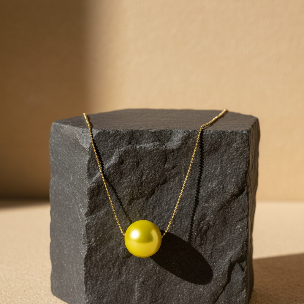 Yellow pearl necklace on a black stone block with a beige background