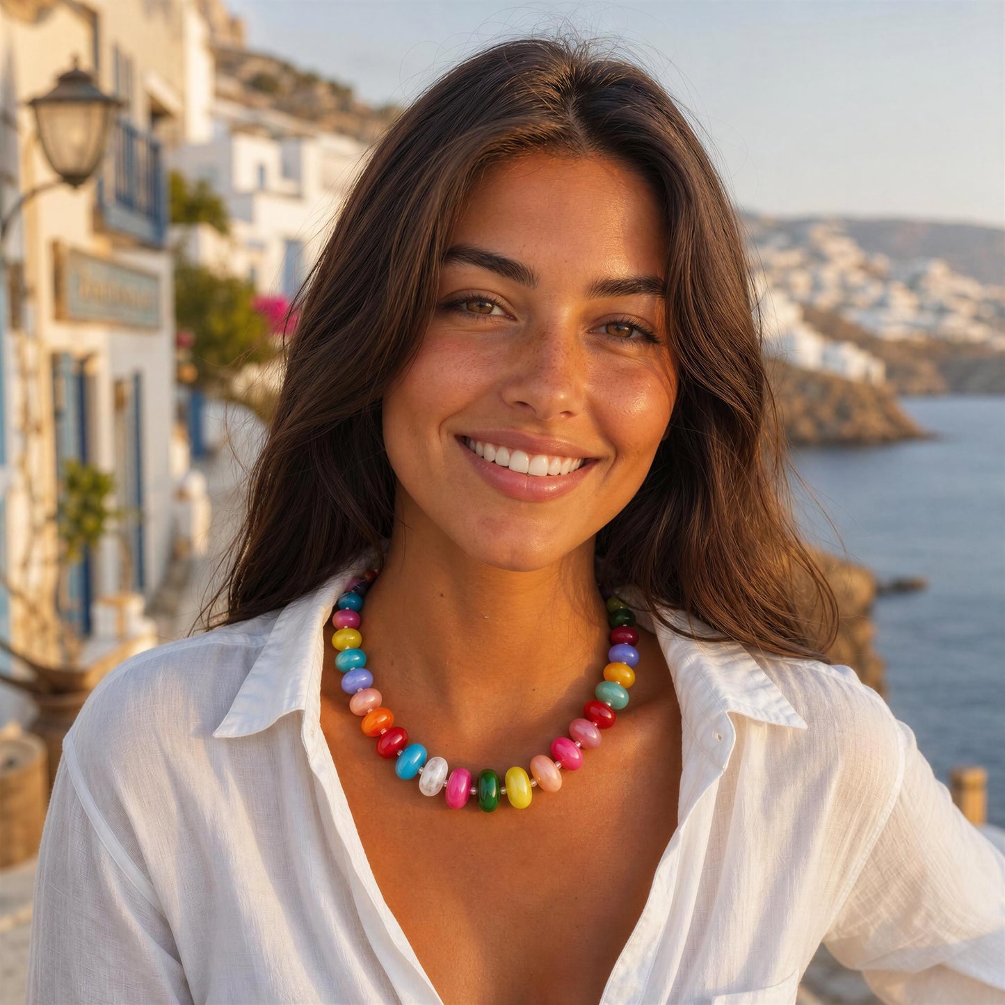A smiling woman with long brown hair wears the Capri Multicolore Choker, a colorful beaded necklace and a white button-up shirt, set against a sunny coastal background with white buildings and the sea.