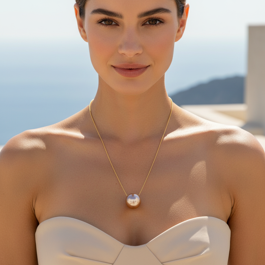 Woman wearing the Caramelo Petite Sphere Necklace with a pearl pendant against a scenic background