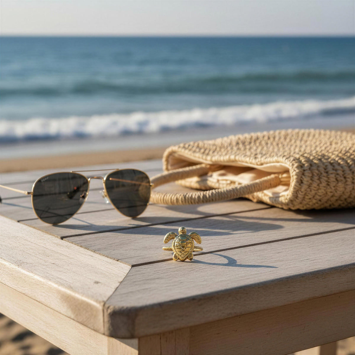 A gold turtle ring is displayed on a light-colored wooden beach table next to aviator sunglasses and a woven straw bag, with the ocean waves in the background.