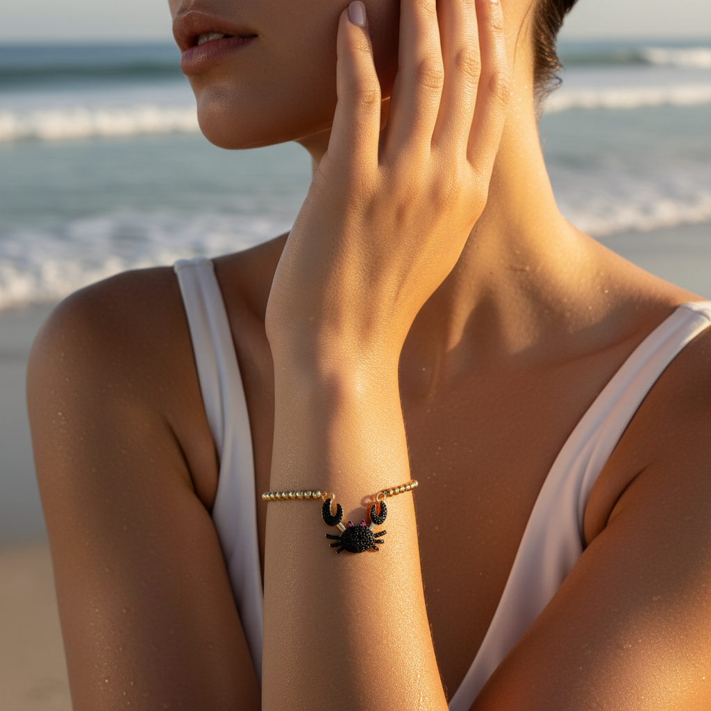 Woman on a beach wearing the Carapace Noir Crab Bracelet with a blurred ocean background