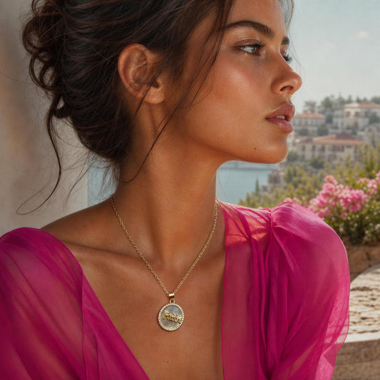 Model wearing the Carmín Necklace by Mediterranean balcony.