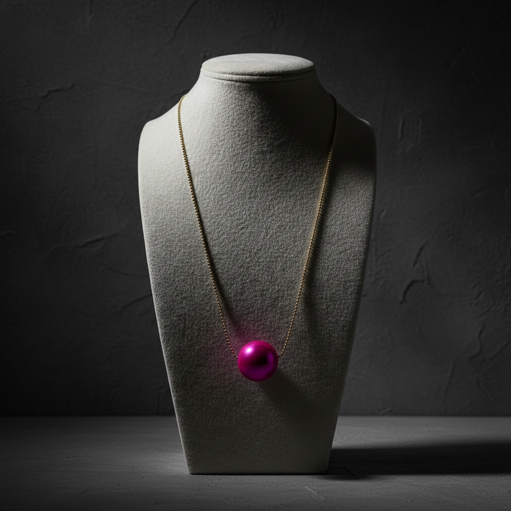 The Carmín Petite Sphere Necklace with a pink pendant on a gray mannequin bust against a dark background