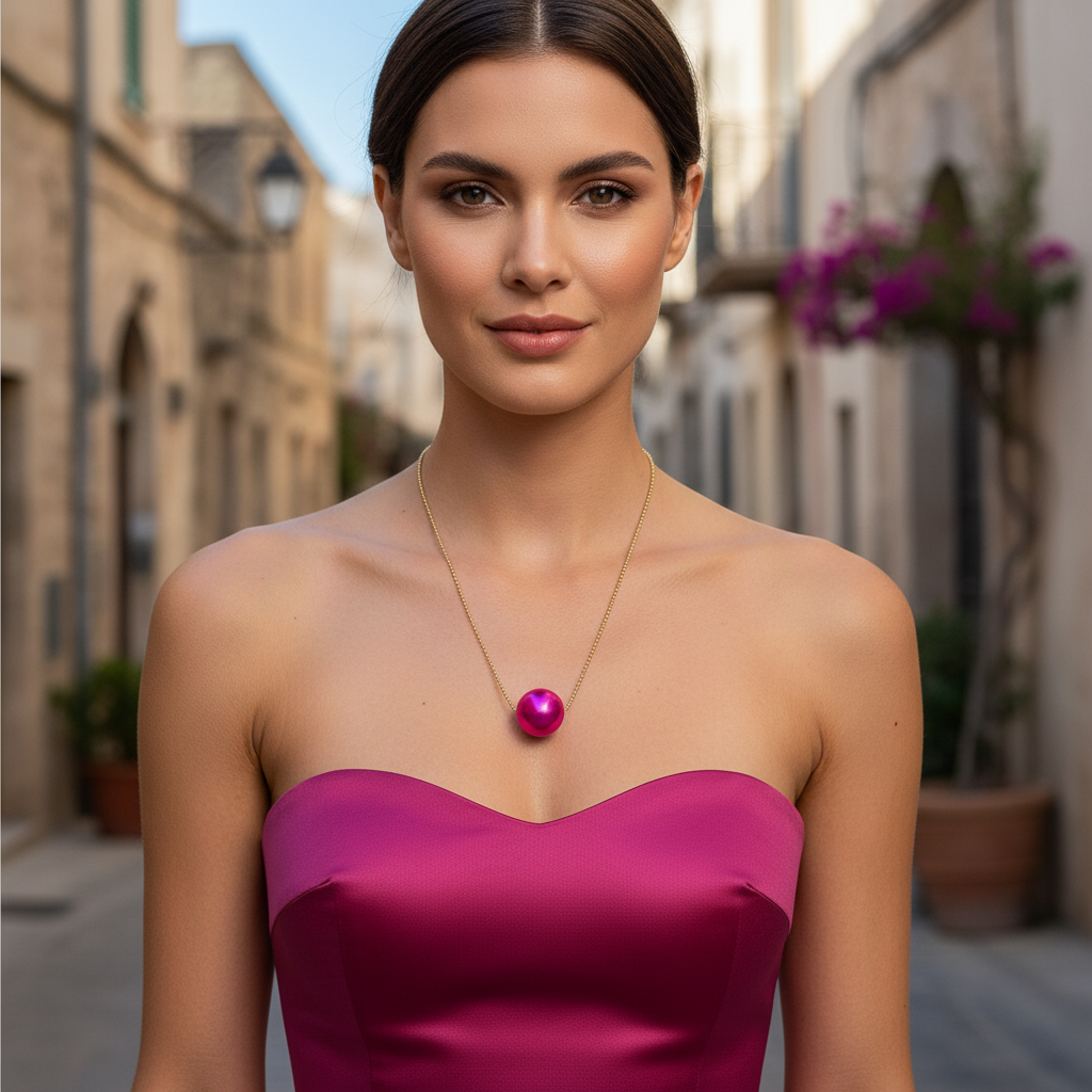Woman wearing a pink dress and the Carmín Petite Sphere Necklace with a blurred street background