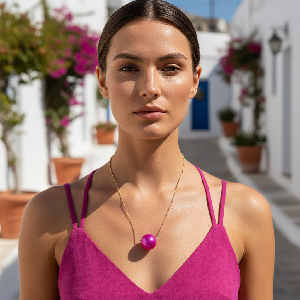 Woman wearing a pink top with the Carmín Petite Sphere Necklace in a sunlit outdoor setting