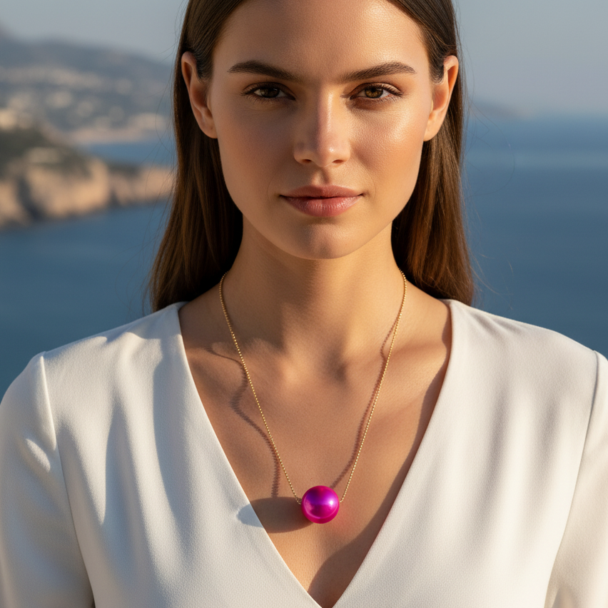 Woman wearing the Carmín Petite Sphere Necklace with a pink pendant against a scenic background