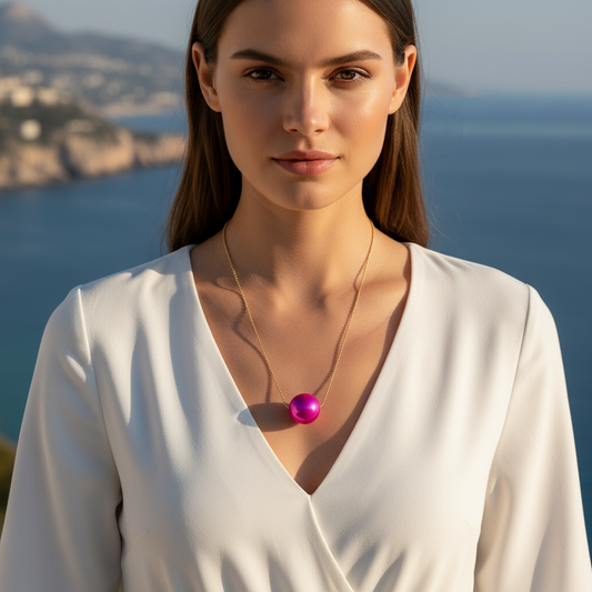 Woman wearing the Carmín Petite Sphere Necklace with a pink pendant against a scenic background