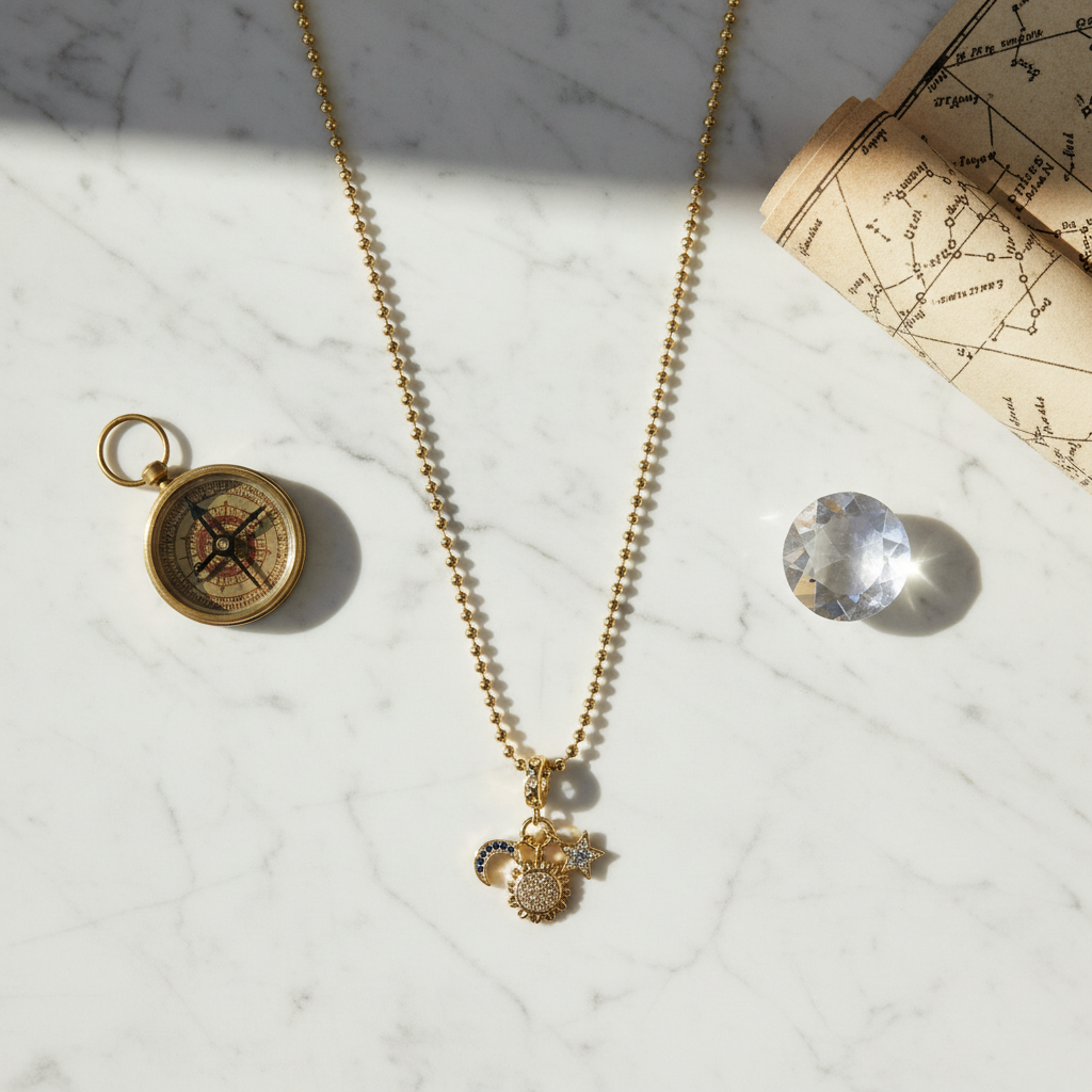 Gold necklace with a compass pendant on a marble surface