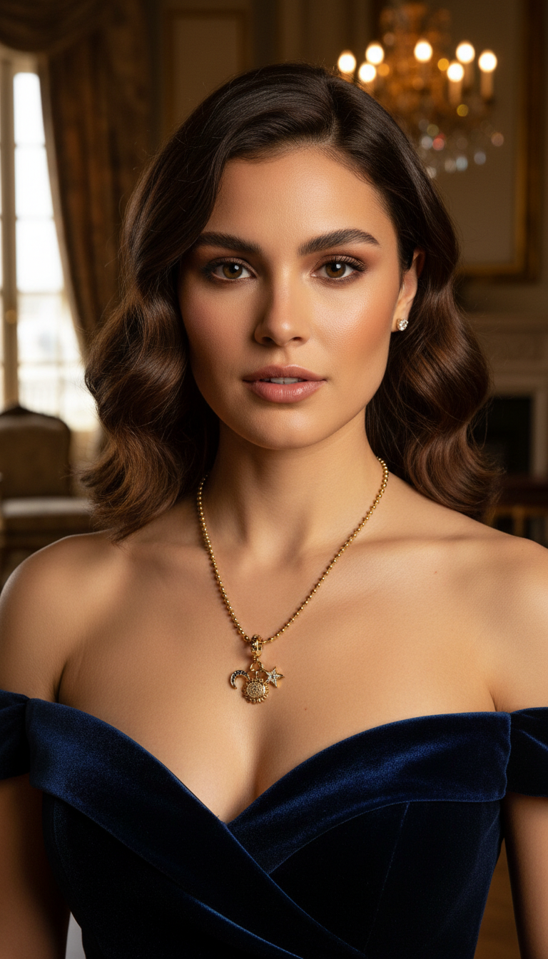 Woman wearing a blue off-shoulder dress and gold necklace in an elegant room.